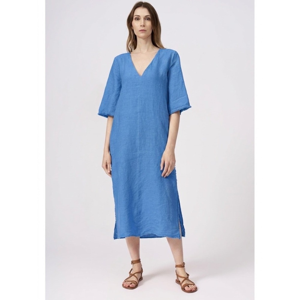 120% Lino Dress Blue Women's Size 44/ M Linen Lagenlook Boho Quiet Luxury EUC
